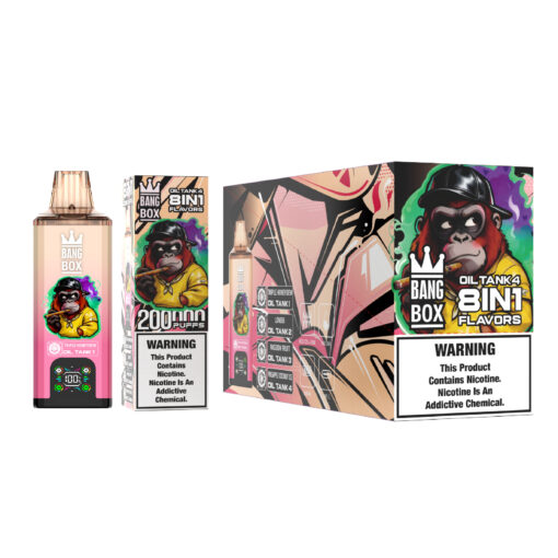 Vape bottle with pink liquid and a colorful label featuring a gorilla, alongside a boxed packaging with “BANG BOX” branding and a warning label, and a larger decorative box with geometric artwork.