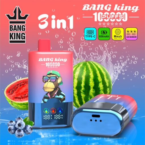Bang King 3-in-1 vaping device set with colorful gradient bottle, blue pod, watermelons, blueberries, and splash backdrop, plus icon badges and brand logo.