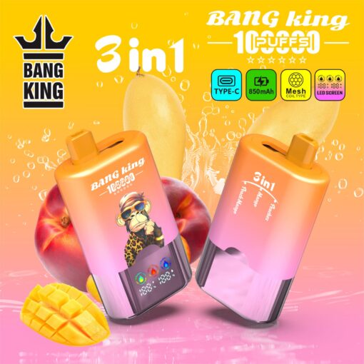 Bright yellow to pink gradient ad for Bang King 3-in-1 vape/juul style devices, featuring two orange-pink gradient pods with a monkey graphic, surrounded by peaches and mango, and icons for Type-C, 850mAh, mesh coil, and LED screen.