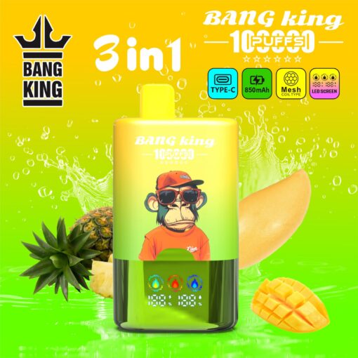 Bright yellow-green gradient vape device labeled Bang King with a boy image, surrounded by pineapple, mango, and splash background, 3 in 1 with icons indicating Type-C, 850mAh, mesh coil, LED screen.