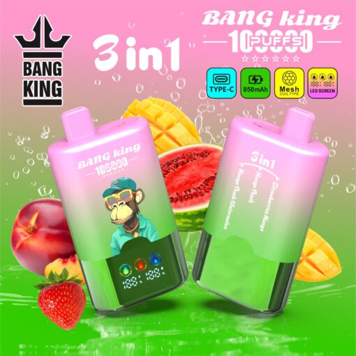 Three pink-to-green gradient 3-in-1 Bang King USB-C bottles with a banana-ape mascot, set against a fruit-filled, colorful background featuring mango and watermelon slices.