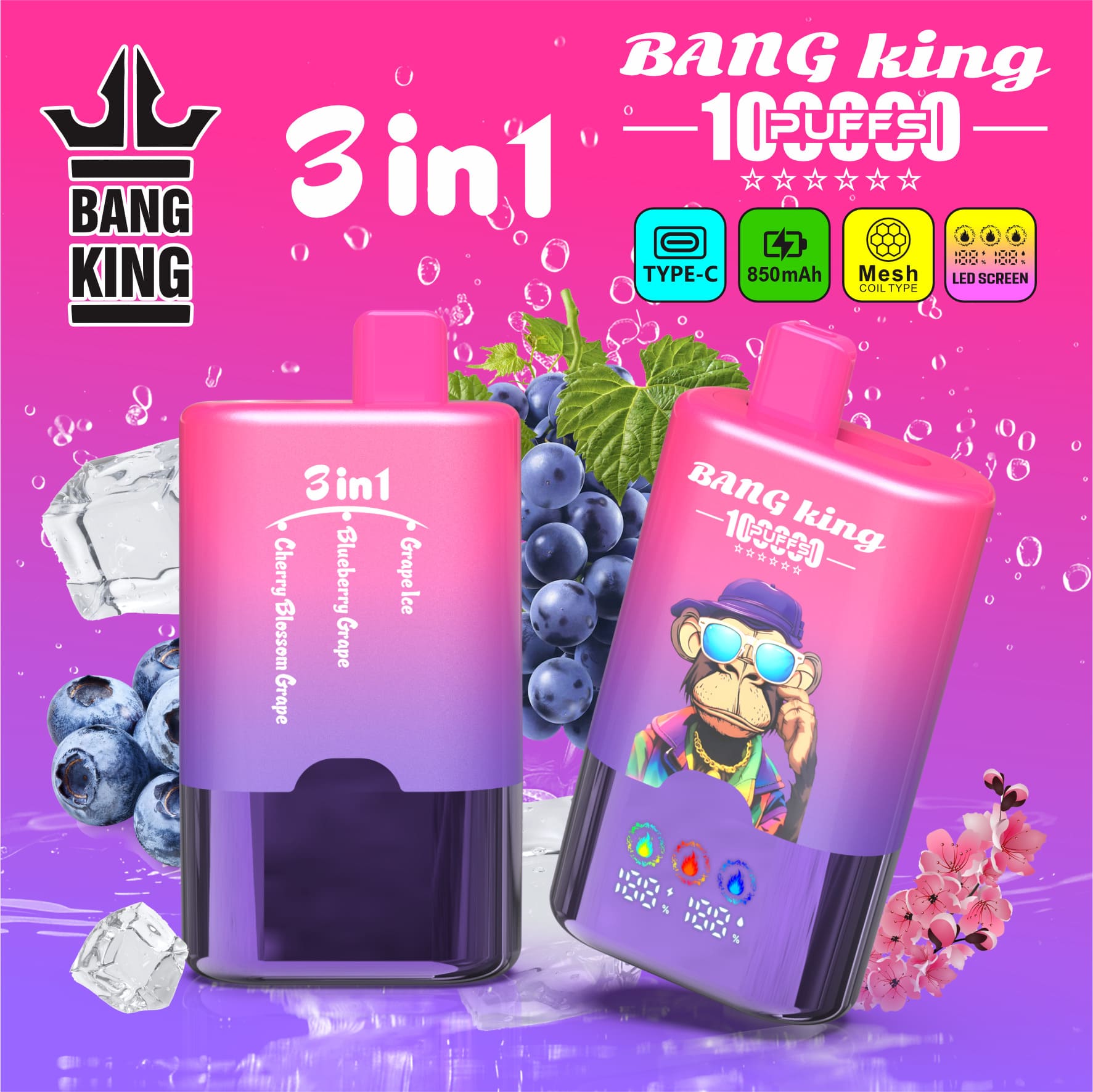 Bang King 100000 Puffs 3-in-1 Vape – LED Screen | 850mAh