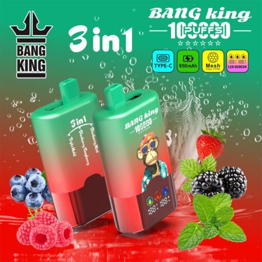 Green and red 3-in-1 Bang King drink bottles with bold graphics, supported by berries and mint, logo and icons in top right, and a splashy background.