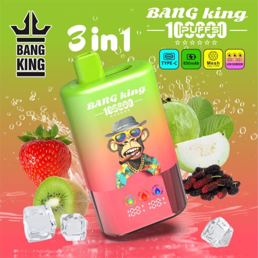 Bright green-to-pink Bang King 3 in 1 vape device with a tilted rectangular bottle, logo, and fruit background ( strawberries, kiwi, melon) plus ice cubes and small icons.