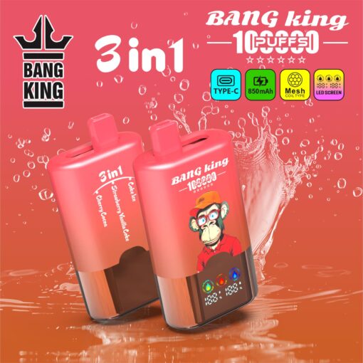 Two pink 3-in-1 vape devices with a cartoon monkey mascot on one, angled against a red-orange splash background; branding reads “BANG KING” and “3in1.”