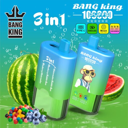 Bold blue-green advertising for Bang King 3in1 vape juice with two blue pods, watermelon and fruit graphics, and a monkey mascot wearing sunglasses.