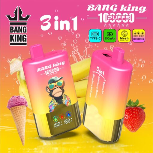 Bright pink and orange gradient packaging for a 3-in-1 Bang King vape device, featuring two pink bottles with a cartoon monkey, ice cream cone, banana and strawberry, and icons for Type-C, 850mAh, mesh coil, and LED screen.