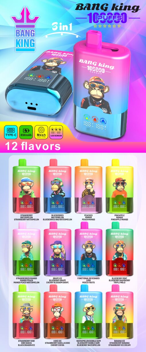 Bright colorful logo and two pink vape devices with monkey characters, advertising a 12-flavor Bang King vape product set.
