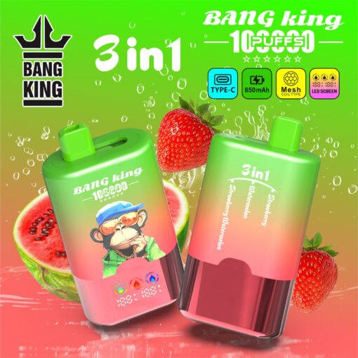 Two bright green and pink 3-in-1 Bang King bottles with a cartoon monkey on one label, set against a colorful gradient background with strawberries and watermelon slices.