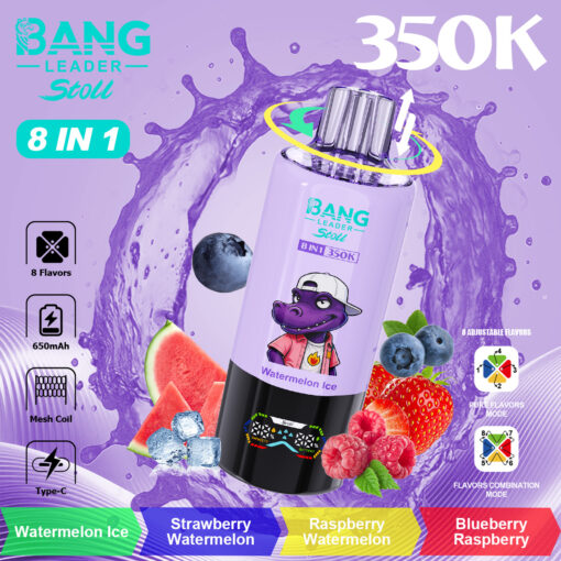 A purple bottle labeled Bang Leader Stoli 8 in 1 350K with a cartoon alligator mascot, surrounded by watermelon, berries, and a splash background, plus flavor swatches Watermelon Ice, Strawberry Watermelon, Raspberry Watermelon, and Blueberry Raspberry.