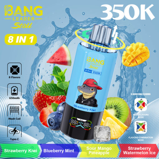 Botella azul brillante con la etiqueta Bang Leader Stout 8 en 1 con gráficos de frutas alrededor, que muestran mango, kiwi, fresa, menta, sandía; texto grande de 350K y nombres de sabores en la parte inferior.