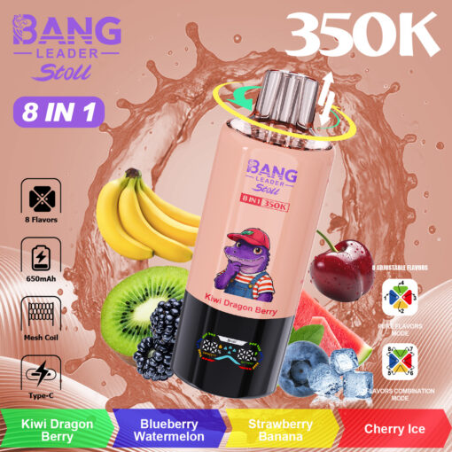 Una botella de color melocotón con la etiqueta Bang Leader Stoll con un dragón de dibujos animados en el frente, rodeado de frutas (plátano, kiwi, mora, cereza, sandía) y un fondo salpicado, con “350K” en la parte superior derecha e insignias de sabor en la parte inferior.