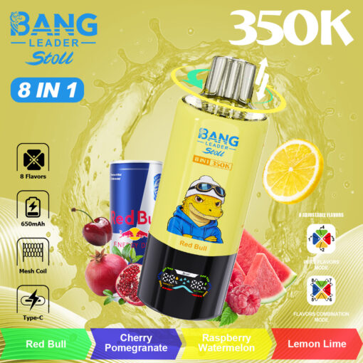 Anuncio de bebida energética de color amarillo brillante que presenta una botella grande con la etiqueta Bang Leader Stoli 8 en 1 350K, con lata de Red Bull, rodajas de naranja, sandía y varias frutas de fondo. Incluye íconos para 8 sabores, 650 mAh, bobina de malla, tipo C y muestras de sabores Red Bull, cereza, granada, frambuesa, sandía y lima limón.
