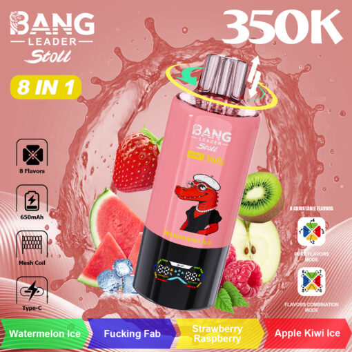 Botella de meñique con la etiqueta Bang Leader Stoll con rodajas de fruta (fresa, kiwi, sandía) alrededor, 8 en 1, 350K, cocodrilo rojo de dibujos animados sobre una lata rosa, fondo de salpicaduras vibrantes, varios íconos de sabores y texto.