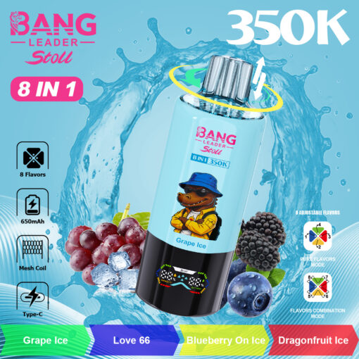 Anuncio azul llamativo que presenta una botella cilíndrica azul central con la etiqueta Bang Leader Stow 8 en 1 350K, rodeada de gráficos de frutas (uvas, arándanos) y un fondo de bienvenida; nombre del producto Grape Ice con tapa gris hielo y personaje de dibujos animados en la etiqueta, además de pestañas de sabores coloridas en la parte inferior.