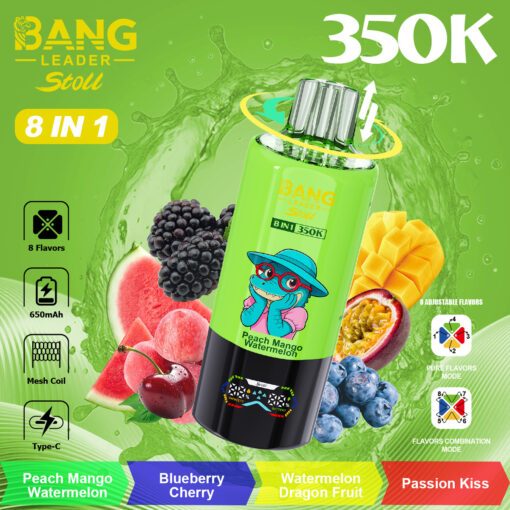 Botella de bebida energética de color verde brillante con la etiqueta Bang Leader Stoll 8 en 1 350K, rodeada de frutas (melocotón, mango, sandía, bayas) con fondo de salpicaduras y dibujos animados de un dragón en la botella.