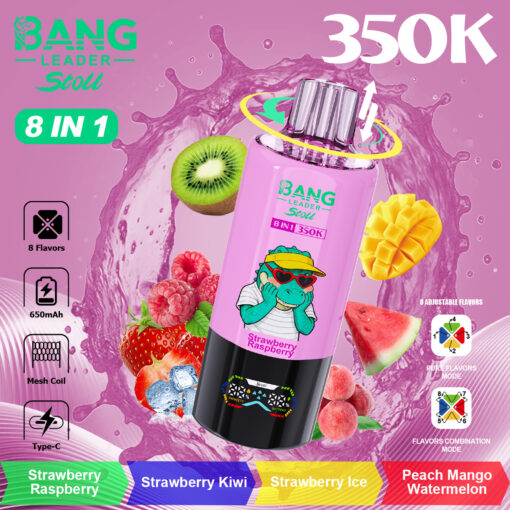 Botella de color rosa brillante con la etiqueta Bang Leader Stoli 8 en 1 350K rodeada de frutas (kiwi, mango, bayas, sandía) con fondo de salpicaduras y texto en negrita de 350K, los sabores de frutas se muestran en la parte inferior.