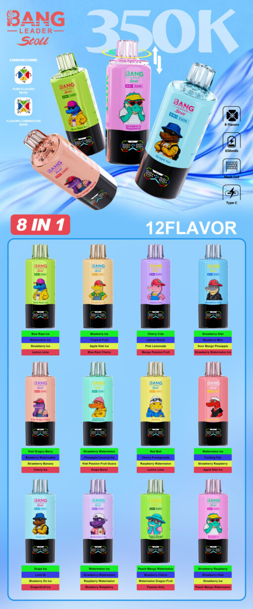Botellas de vaporizador de colores variados con personajes de dibujos animados en etiquetas sobre un fondo azul, con promociones “8 EN 1” y “12 SABOR”.