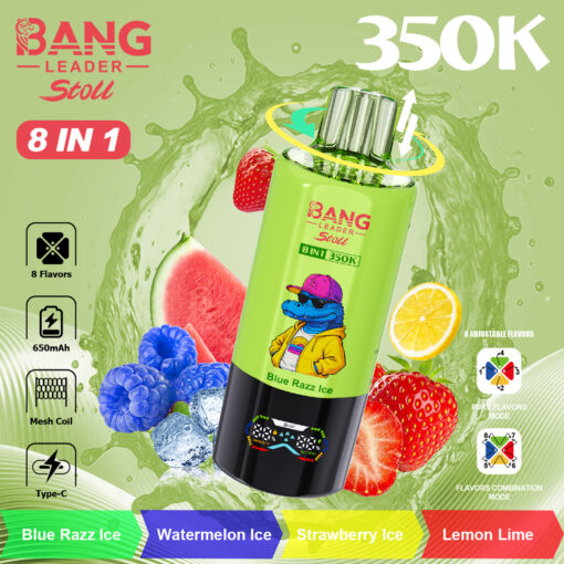Botella de color verde brillante con la etiqueta Bang Leader Stoll 8 en 1 350K con un cocodrilo de dibujos animados con sombrero, rodeado de toques de frutas, bayas, sandía, limón y fresas, sobre un fondo de lima.