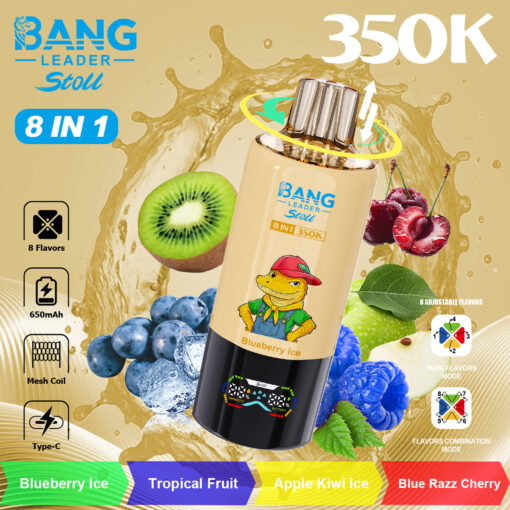 Una botella beige con la etiqueta Bang Leader Stoll 8 en 1 350K con un kiwi, arándanos, cerezas y hojas verdes alrededor; texto en negrita de 350K en la parte superior derecha y una colorida barra de sabores en la parte inferior.