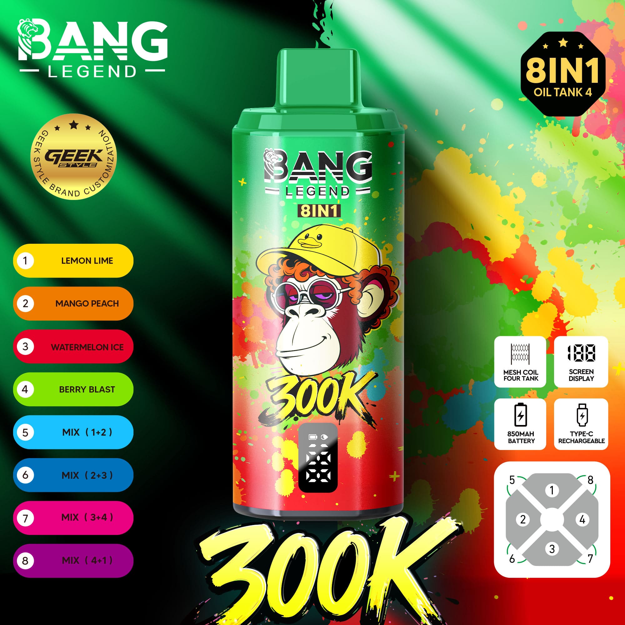 elfbar elfa master akku Bang Legend 300000 Puffs 8-in-1 Vape – 300K Ultra High Capacity | Mesh Coil  | Type-C Rechargeable