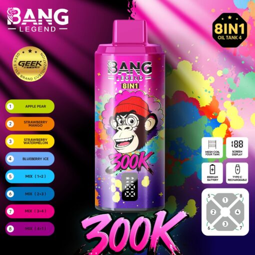 Bright pink Bang Legend 8-in-1 vape bottle with a cartoon monkey wearing a red hat, colorful paint splashes, and 