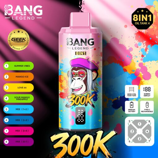 Bright pink spray can labeled BANG LEGEND 8IN1 with colorful splash background and 
