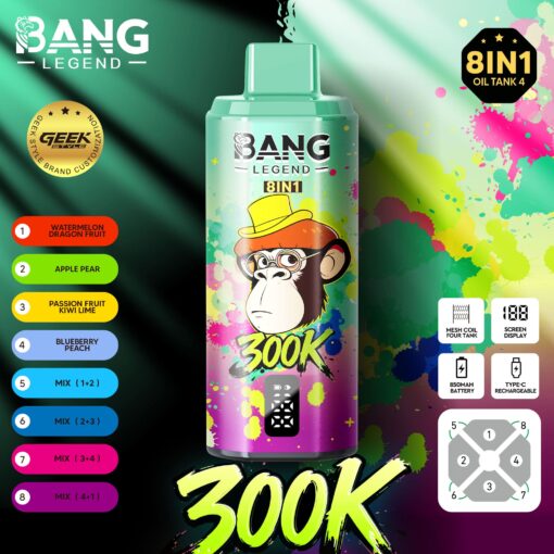 Colorful Bang Legend spray can labeled 8IN1 with a cartoon monkey wearing a yellow hat, set against splattered paint background with a large “300K” text.