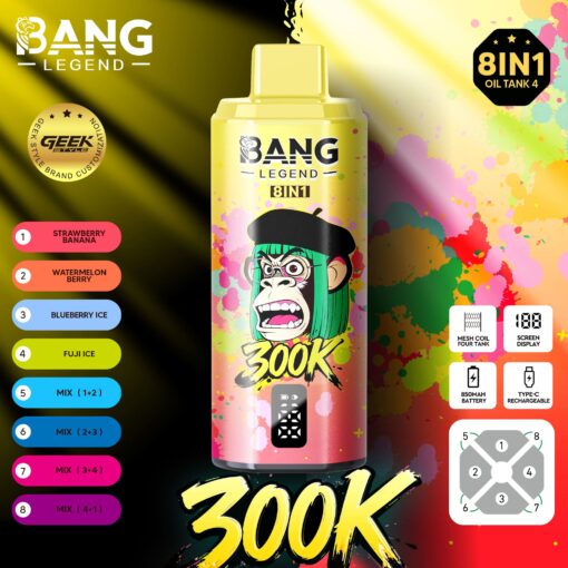 Bang Legend 8in1 spray paint can with colorful splatter background, front label shows 300K and a masked figure graphic, left color flavor list, and 8in1 icons on right.
