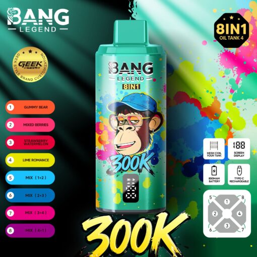 Bang Legend 8-in-1 oil bottle with colorful paint splash background, monkey graphic, 