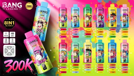 Bright colorful advertising for Bang Legend 8in1 Vape/energy bottles featuring a monkey mascot, multiple bright bottles with paint splashes, and a bold “300K” text.