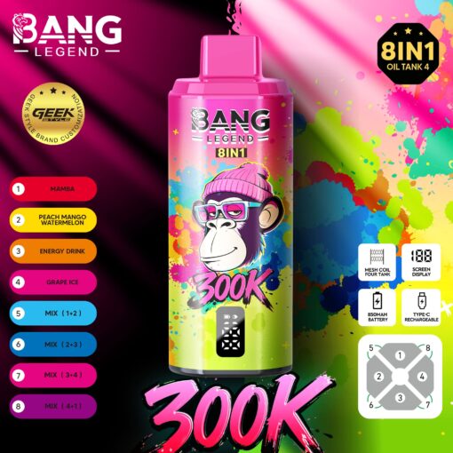 Bright pink and multicolor spray-can labeled Bang Legend 8 In 1 with a cartoon monkey wearing glasses and a beanie, against a colorful splatter background.