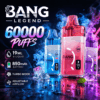 Bright neon advertisement for Bang Legend vape devices featuring three colorful pods (blue, pink, purple) with steam, frosted glass-like textures, and ice cubes; highlights 6000 puffs, 19ml e-liquid, 850mAh battery, turbo mode, adjustable airflow.
