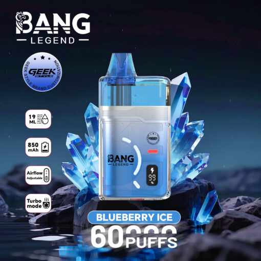 Blueberry Ice Bang Legend disposable vape device with crystal accents, showing 60 puff capacity and 19ml capacity, 850mAh battery, displayed among blue crystals; features adjustable airflow, turbo mode, and Geek style branding.