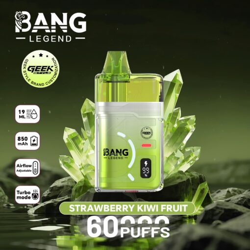 Strawberry Kiwi Fruit flavor Bang Legend vape device, transparent green pod with crystal accents, 60 puffs, 19 ml/850 mAh, featuring Geek Style badge and nozzle at top, green background with crystals.