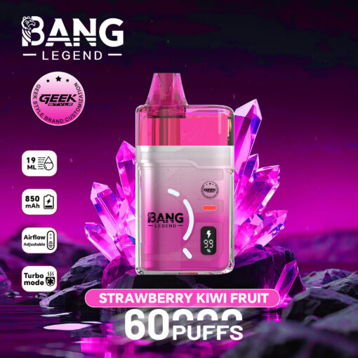 Strawberry Kiwi Fruit Bang Legend vape pod device with pink liquid, surrounded by pink crystals, branding icons on left, and “60 Puffs” text at bottom.