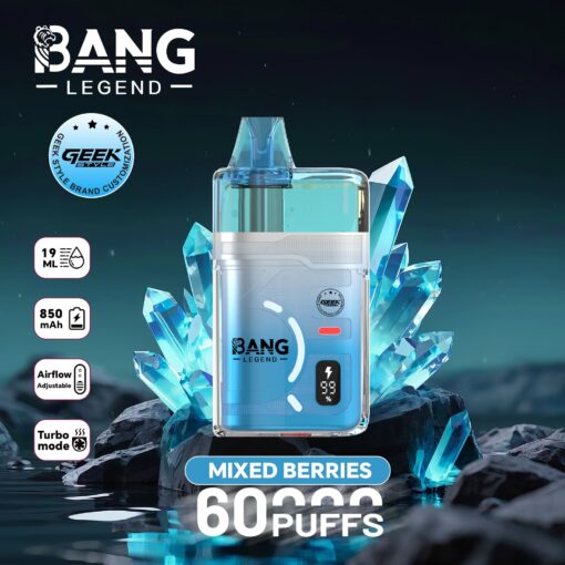 Blue vape device with a clear tank, set against crystal blue crystals; features Bang Legend branding, mixed berries flavor, 60 puffs.