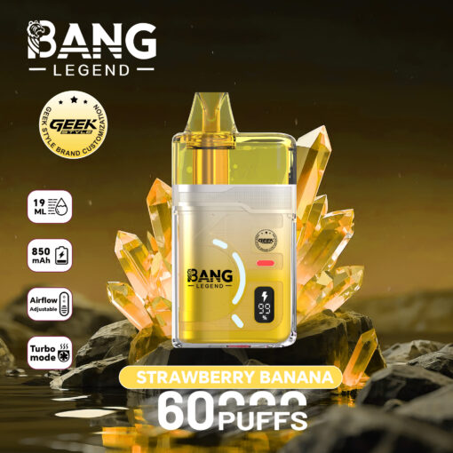 Strawberry banana Bang Legend disposable vape with yellow tank, crystal accents, and digital display, labeled 60 puffs and 19 mL/850 mAh, on rocky crystal backdrop.