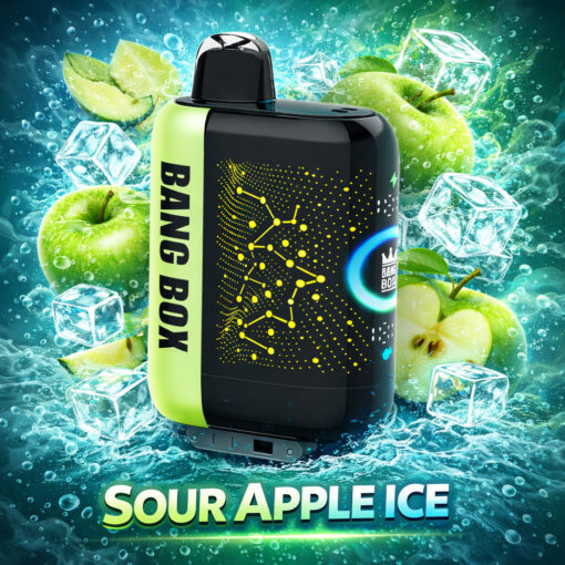 Canette de boisson énergisante Bang-Box à saveur de glace aux pommes aigre dans un design vert fluo et noir, entourée de pommes, de glaçons et d'éclaboussures d'eau.