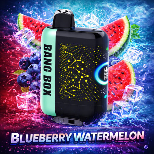 Appareil de vape compact noir et couleur menthe avec un motif de circuit néon, sur fond de visuels de pastèque, de myrtille et de glace.