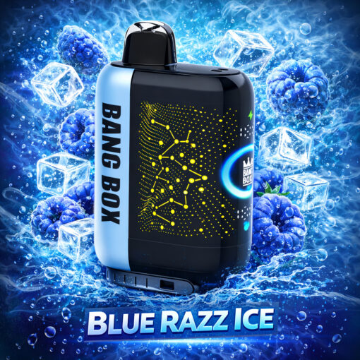 Un appareil de vapotage Bang Box noir et bleu avec des motifs jaunes en forme de circuit, entourés de framboises bleues, de glaçons et de bulles, étiqueté Blue Razz Ice.