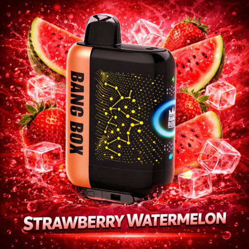 Une bouteille d'hydratation Bang Box noire et orange étiquetée BRAV BANG BOX avec un motif de circuit numérique sur le côté, sur un fond rouge avec des tranches de pastèque, des fraises, des glaçons et des éclaboussures, avec le texte STRAWBERRY WATERMELON en bas.