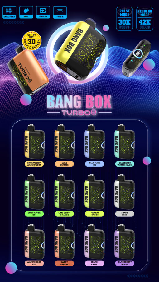 Appareils de vape Bang Box Turbo au néon brillant sur fond de grille bleue, avec plusieurs étiquettes de saveurs colorées et un titre audacieux “ BANG BOX TURBO ”.