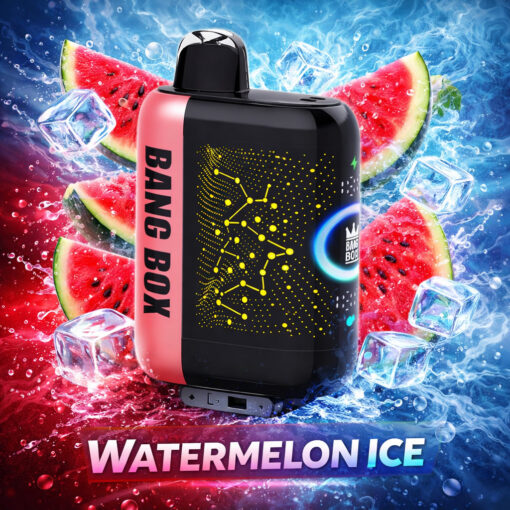 Un appareil de vape Bang Box noir et rose avec un circuit en pointillés, entouré de tranches de pastèque, de glaçons et d'éclaboussures de liquide bleu et rouge, étiqueté Watermelon Ice.