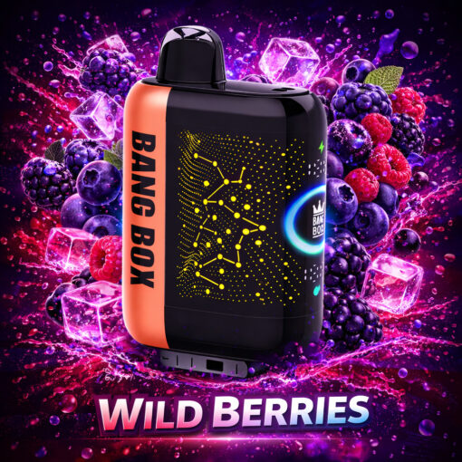 Appareil de vape compact noir et orange étiqueté “ BANG BOX ” avec un motif jaune en forme de circuit, entouré de baies sauvages et de glaçons sur un fond rose violet vibrant ; texte “ WILD BERRIES ” en bas.