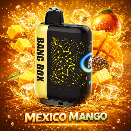 Appareil Bang Box audacieux noir et jaune avec un motif de circuit, entouré de morceaux de mangue, de glaçons et d'éclaboussures de liquide doré ;, texte “ MEXICO MANGO ” en bas.