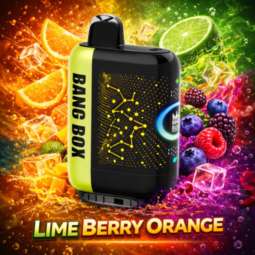 Bang Box noir vif et vert citron avec un design de constellation en pointillés, entouré de saveurs vibrantes de citron vert, d'orange et de baies et d'un fond coloré éclaboussant, texte Lime Berry Orange en bas.