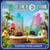 Two colorful Bang King 8-in-1 vape bottles, teal and pink, displayed on wooden platforms with a tropical bird-filled backdrop; “200K” nicotine strength noted and “Shipping from Europe” banner at bottom.