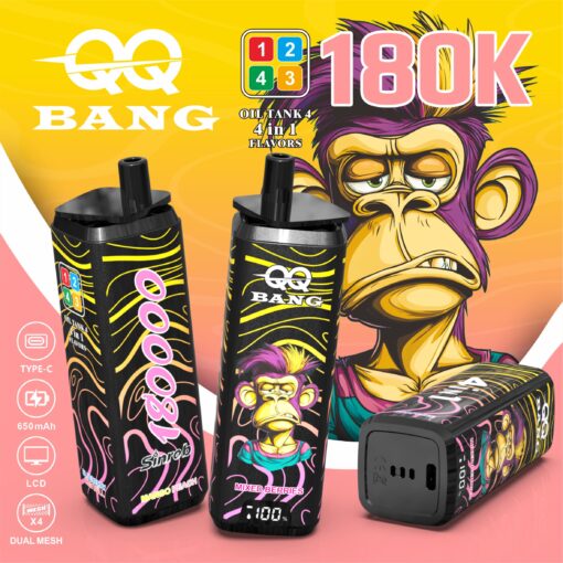 Two black vape pods with yellow tiger stripe designs and colorful monkey artwork, featuring “180K” branding and packaging characters, set against a bright yellow-to-pink background.