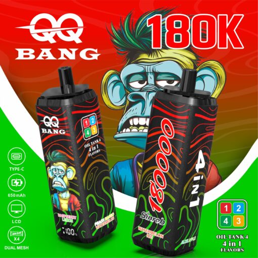Two black vape oil tanks with red wavy patterns and colorful cartoon monkey designs, set against a bold red and green background with “180K” and QQ Bang branding.